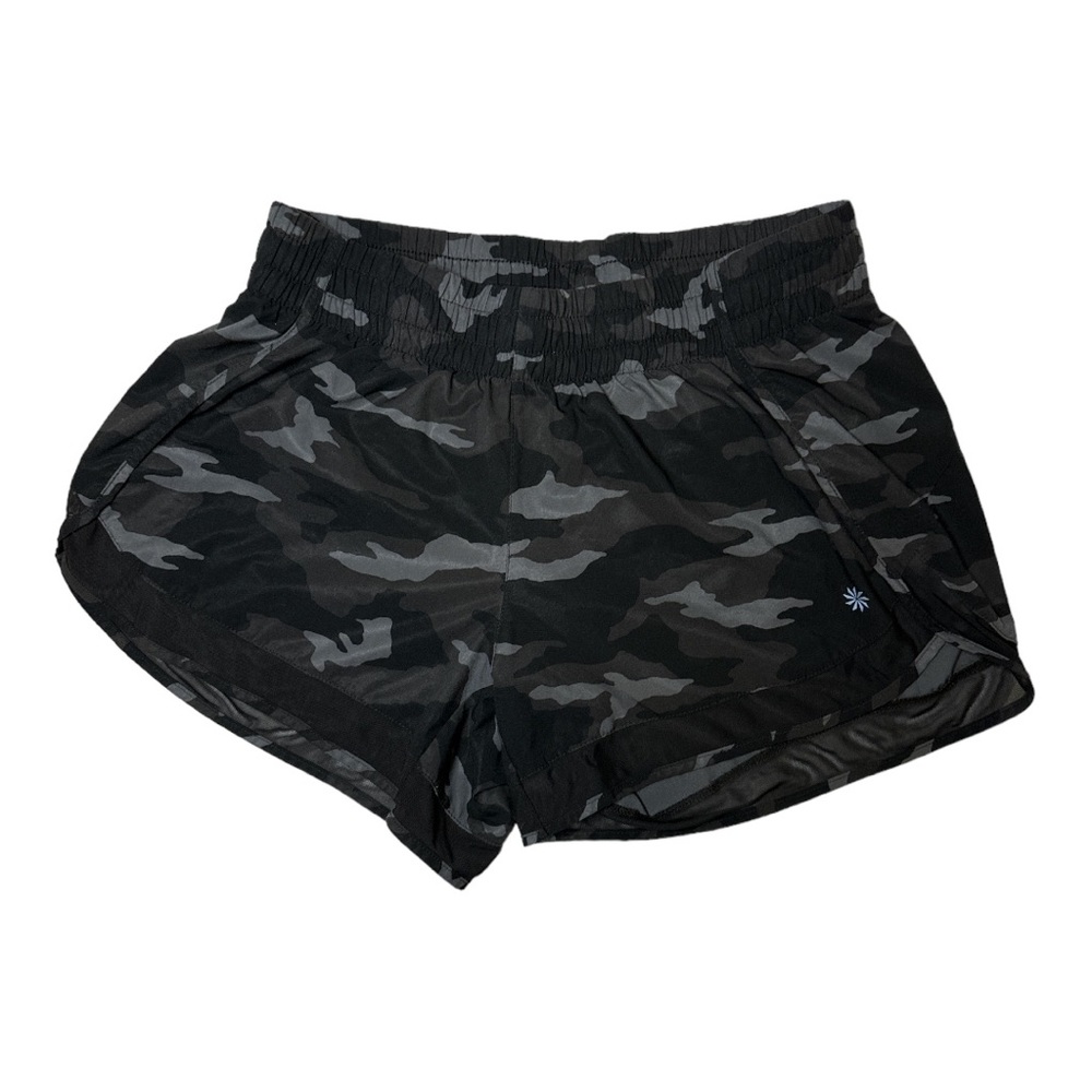 Athleta Printed Mesh Racer Run Shorts 4” Women’s Size Small Black Camo Lux - Picture 4 of 8